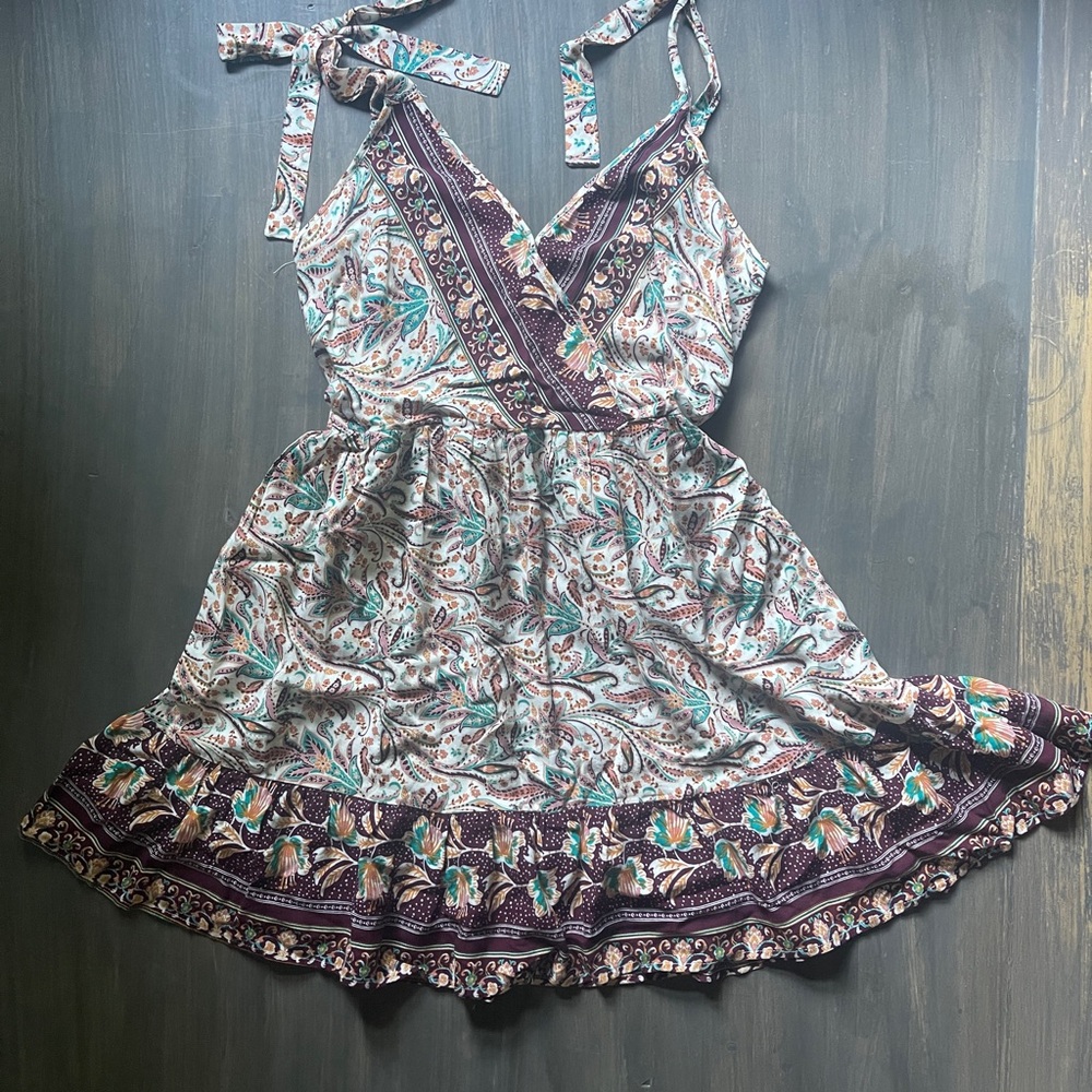 Band of Gypsies Maroon and Teal Paisley Mini Dress